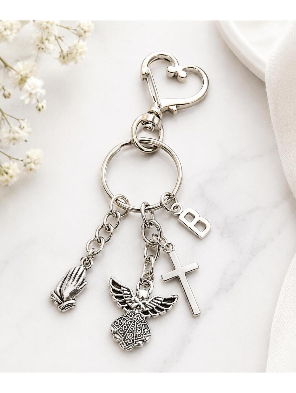 Personalized Silver Tone Faith Angel Cross Praying Hands Initial Keychain